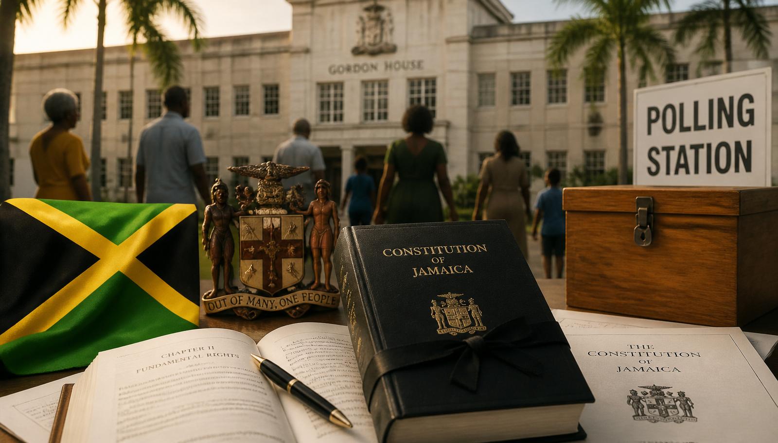 Editorial composition showing Gordon House, the Jamaica Coat of Arms, the Constitution of Jamaica, the Jamaican flag, a ballot box and open books representing civic education.