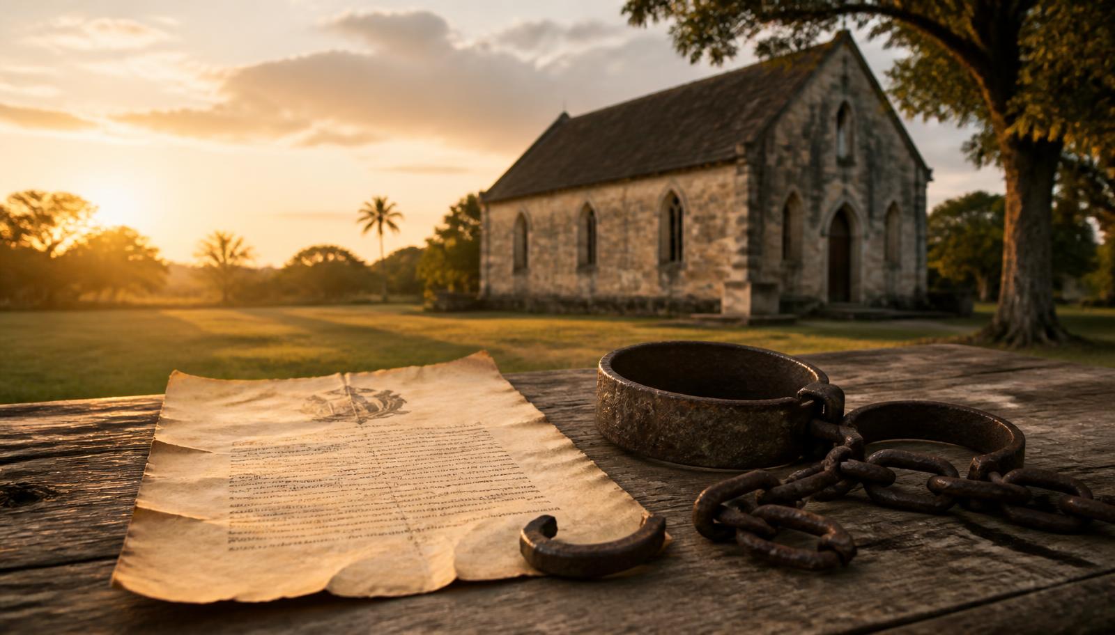 Morning light over a historic Jamaican stone chapel, with an archival proclamation document and broken iron shackles on a wooden table.
